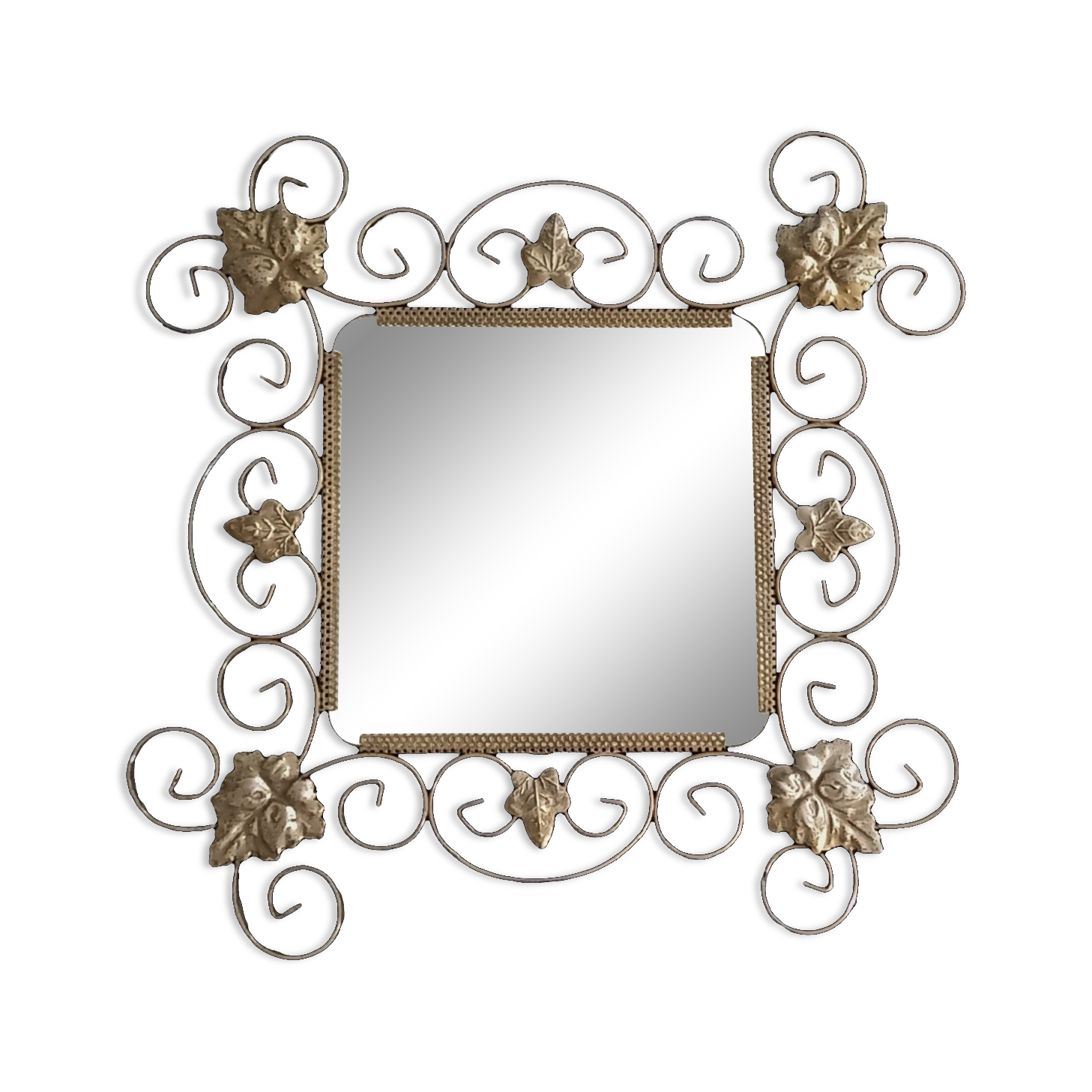 Square mirror with vine leaves and golden metal windings, 1960s