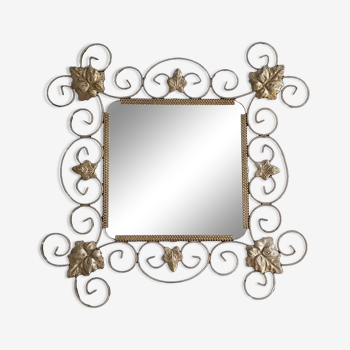 Square mirror with vine leaves and golden metal windings, 1960s