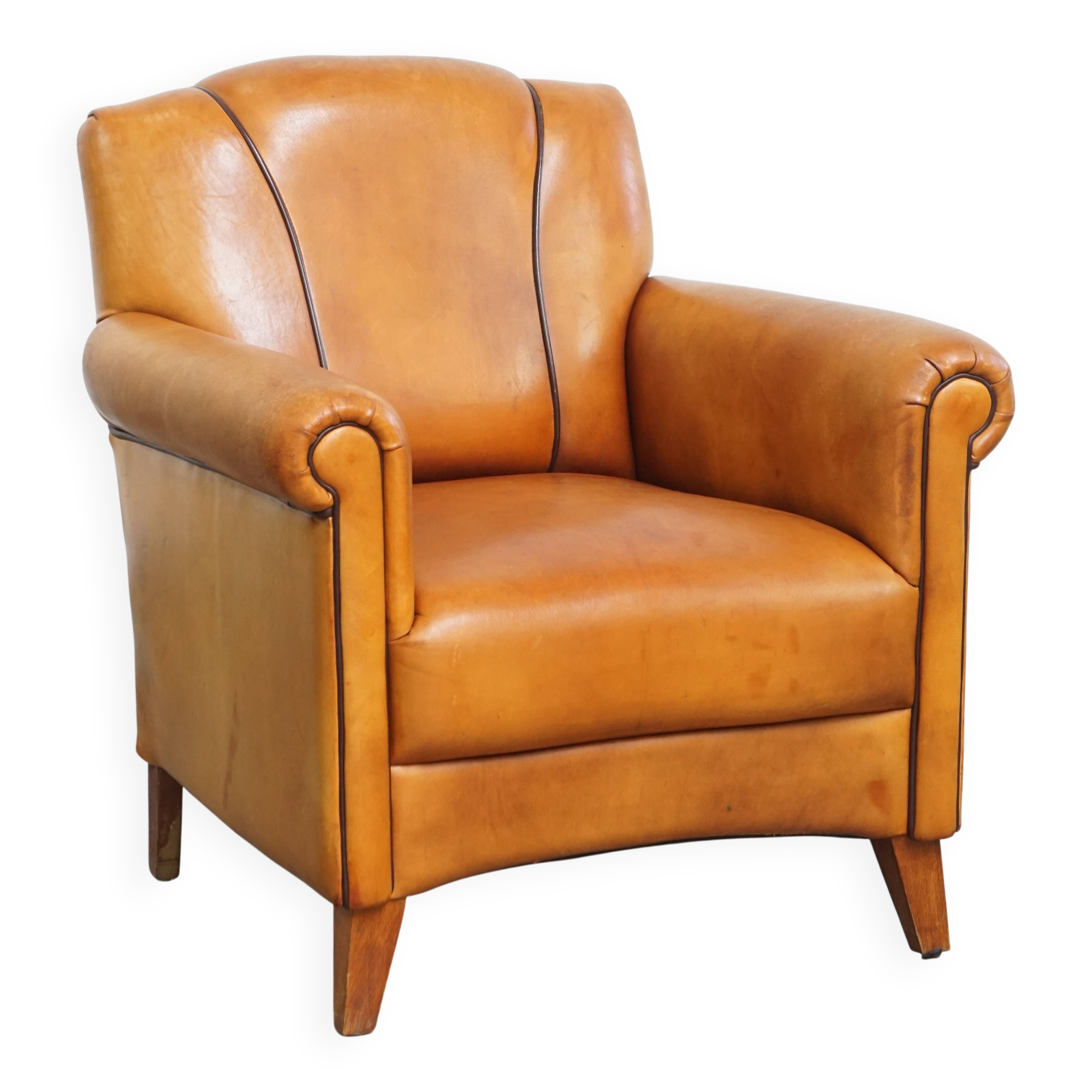 Sheepskin Leather Armchair and Dark Brown Piping