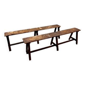 Pair Of Benches In Natural Wood From The 19th Century