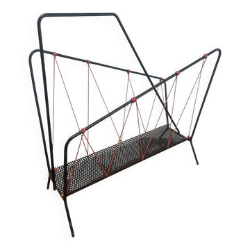 Vintage perforated metal magazine rack with cord handles by Matégot from the 1950s-60s.