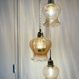 Triple vintage tulip pendant light in amber glass