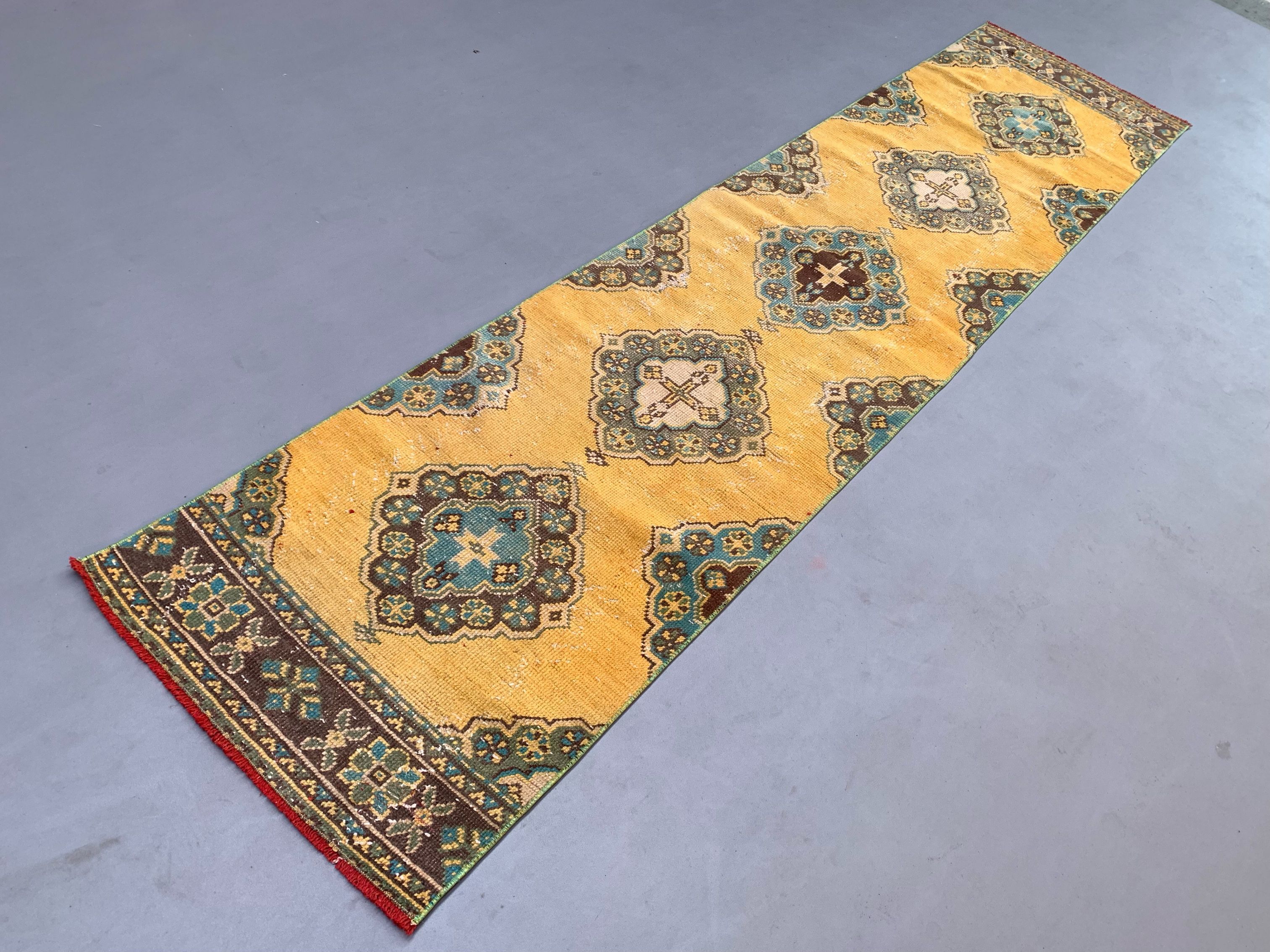 Distressed turkish runner 350x81 cm wool vintage tribal rug