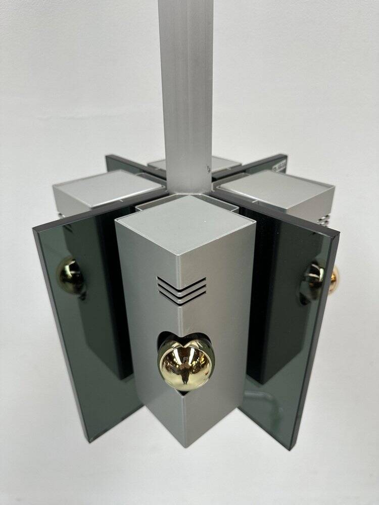 Lampe suspendue vintage en verre fumé et aluminium italien, années 1970