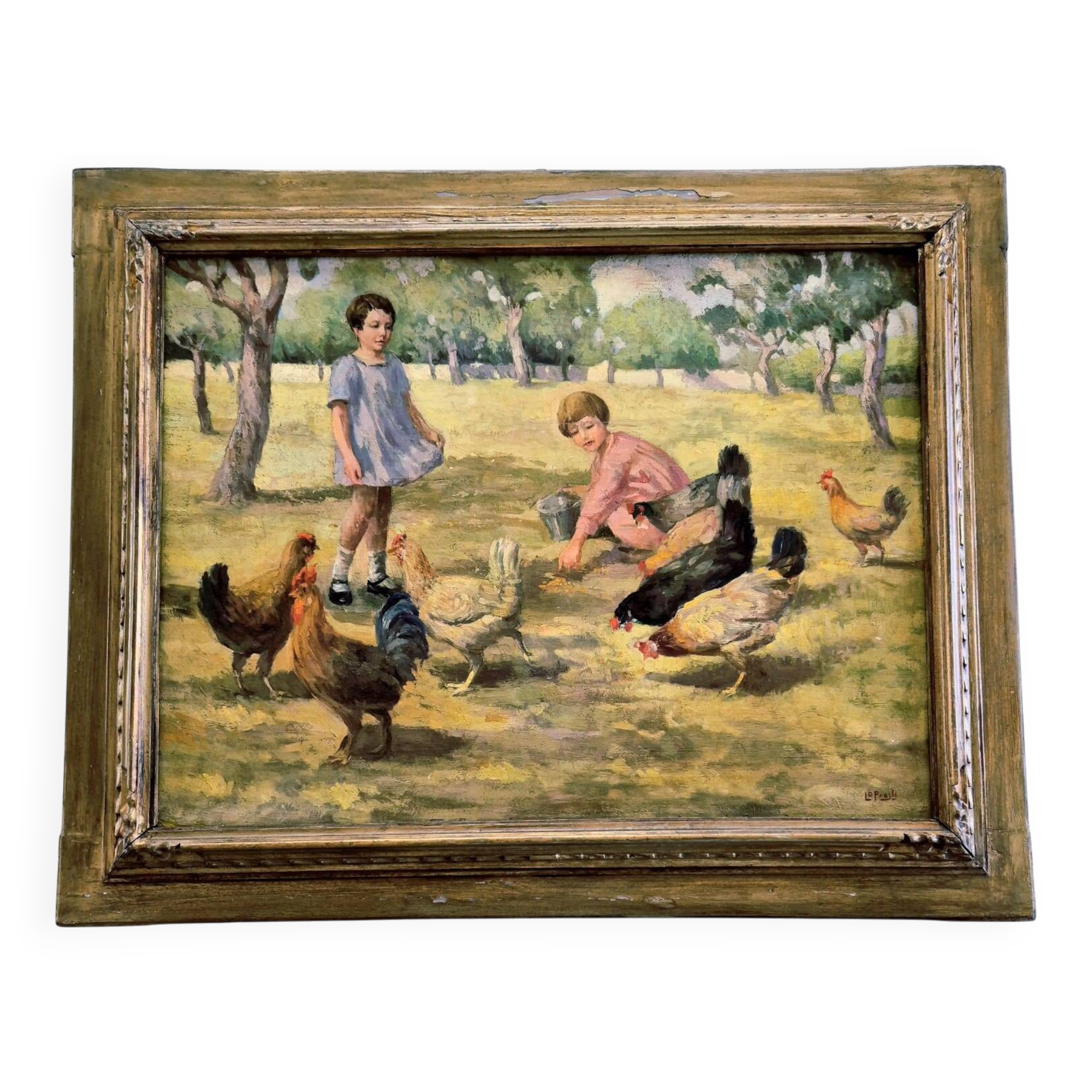 Oil Painting on Canvas "Children at the Farm" Signed Lo Presti - Gilded Frame