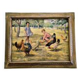 Tableau Huile sur Toile "Enfants à la Ferme" Signé Lo Presti - Cadre Doré (