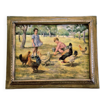 Tableau Huile sur Toile "Enfants à la Ferme" Signé Lo Presti - Cadre Doré (