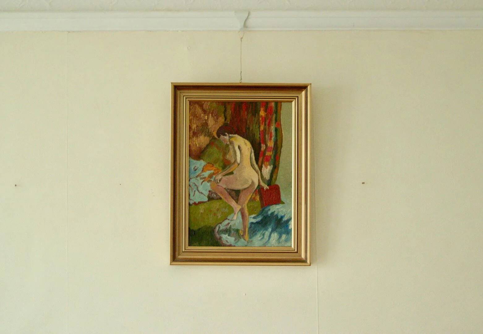 Original Swedish oil on panel painting – nude in colourful interior