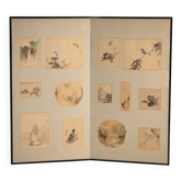 Antique Japanese folding screen with two panels featuring paintings – Japan, circa 1900