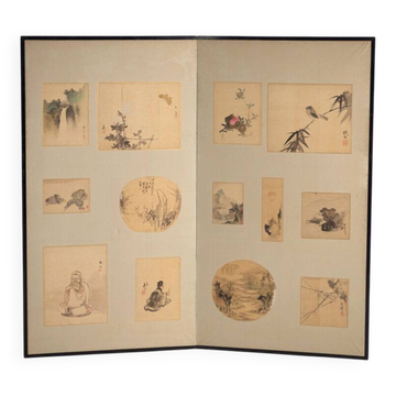 Antique Japanese folding screen with two panels featuring paintings – Japan, circa 1900