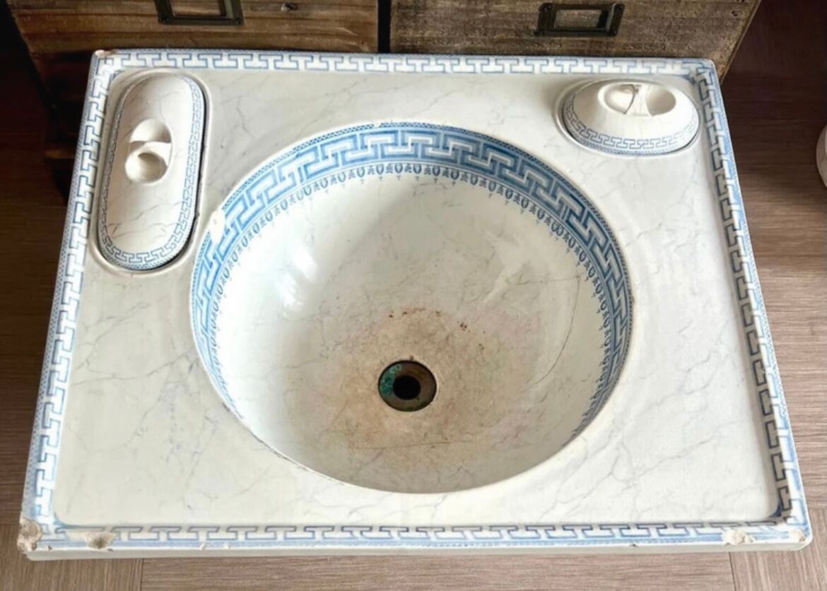 Vintage Blue Decorated Porcelain Washbasin