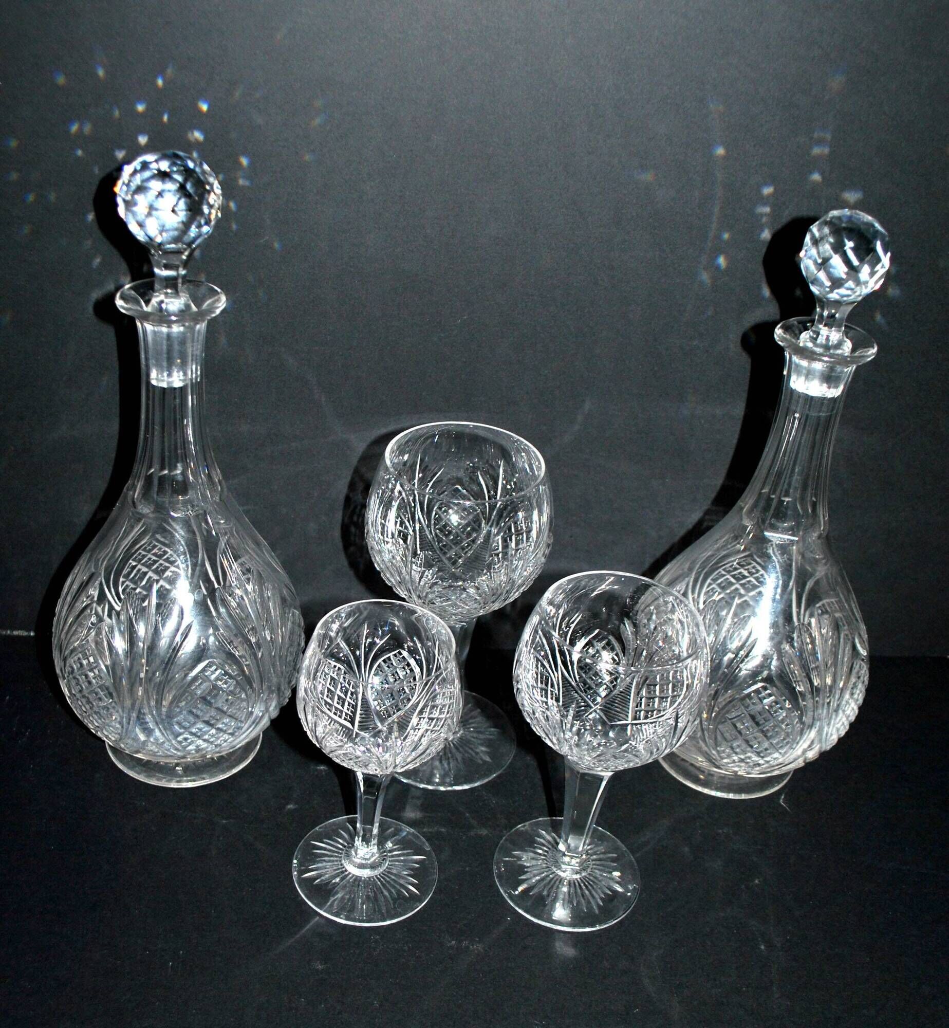 Baccarat set of 35 crystal glasses + 2 flower model carafes 9157 from 1907