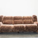 Living room set, 3-seater sofa and 2 armchairs in beige chenille, 1970s
