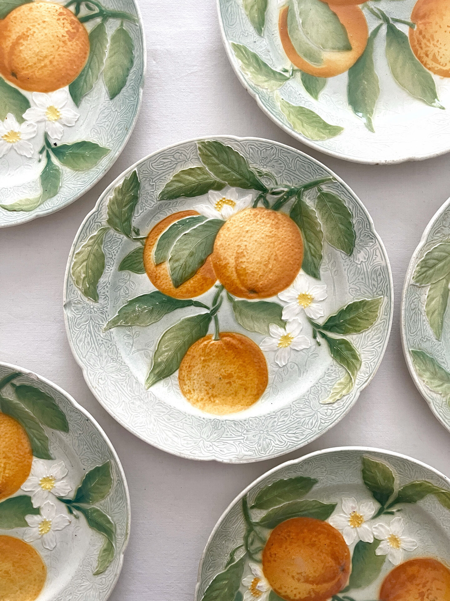 6 orange barbotine dessert plates from Saint Clément earthenware.