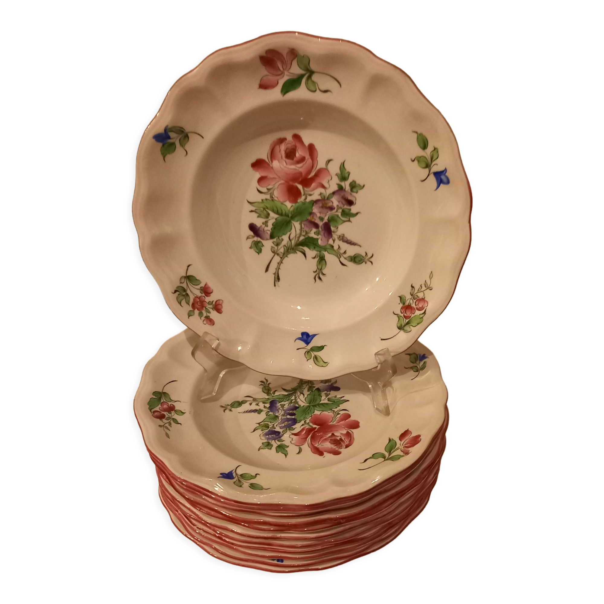 Set of 12 hollow plates porcelain Lunéville, flowers (tulip-rose) model Lamppost, early twentieth century