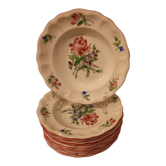 Set of 12 hollow plates porcelain Lunéville, flowers (tulip-rose) model Lamppost, early twentieth century