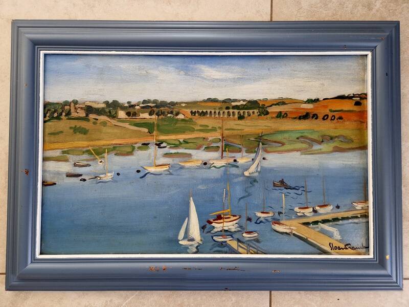 Frank Sloan (1900-1984) - Oil on hardboard - Sailboats near the bridge