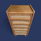 Chiffonnier vintage en rotin et pieds compas 1950