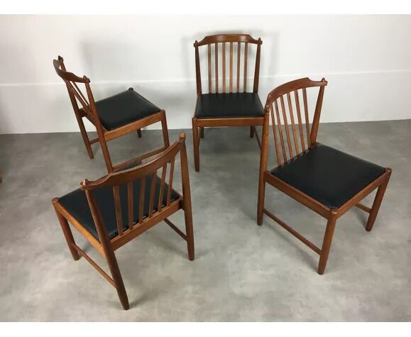 4 Scandinavian teak chairs with bars, 60s