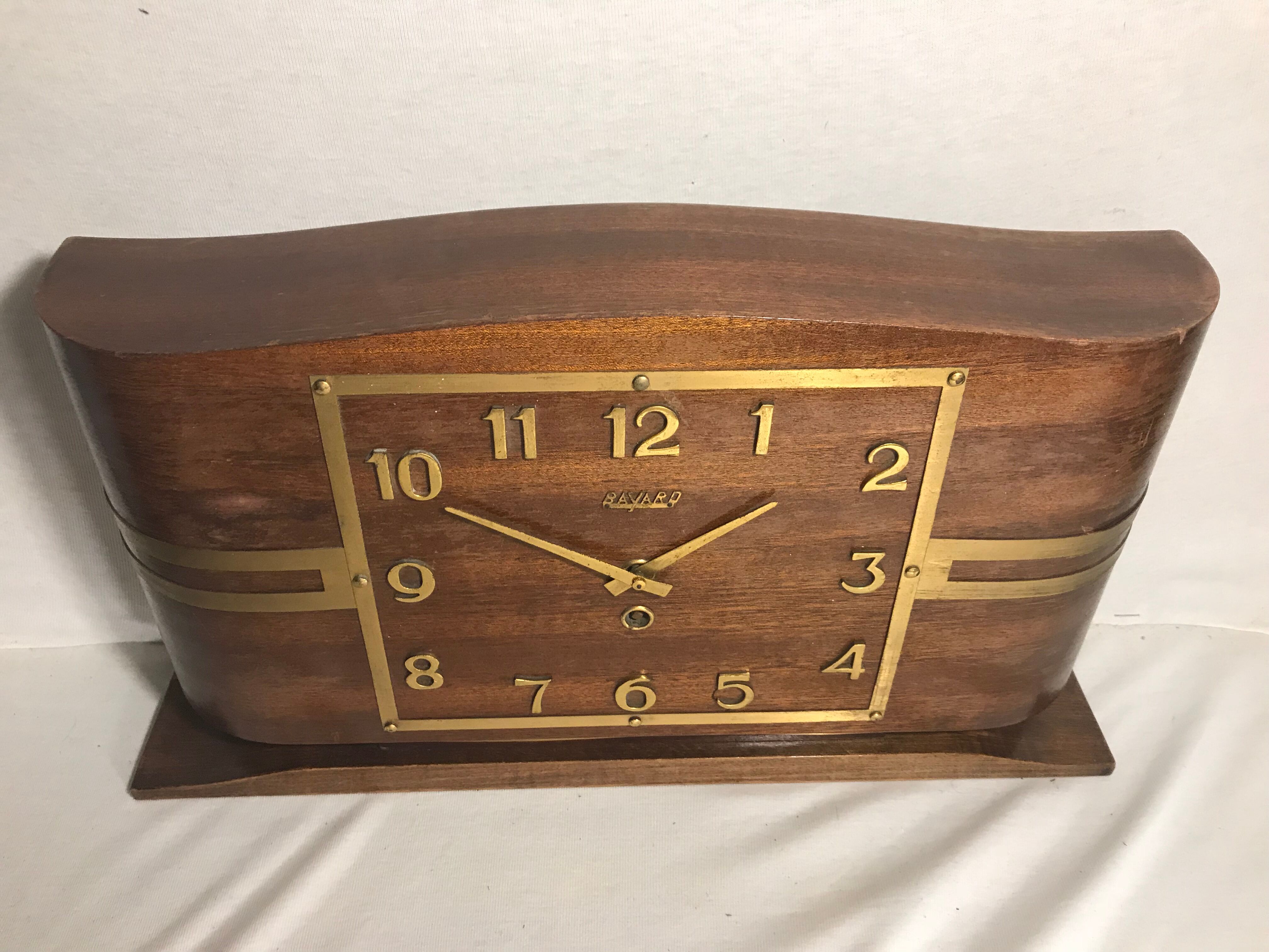 Pendule cheminée ancienne bayard bois + laiton art deco années 30 vintage