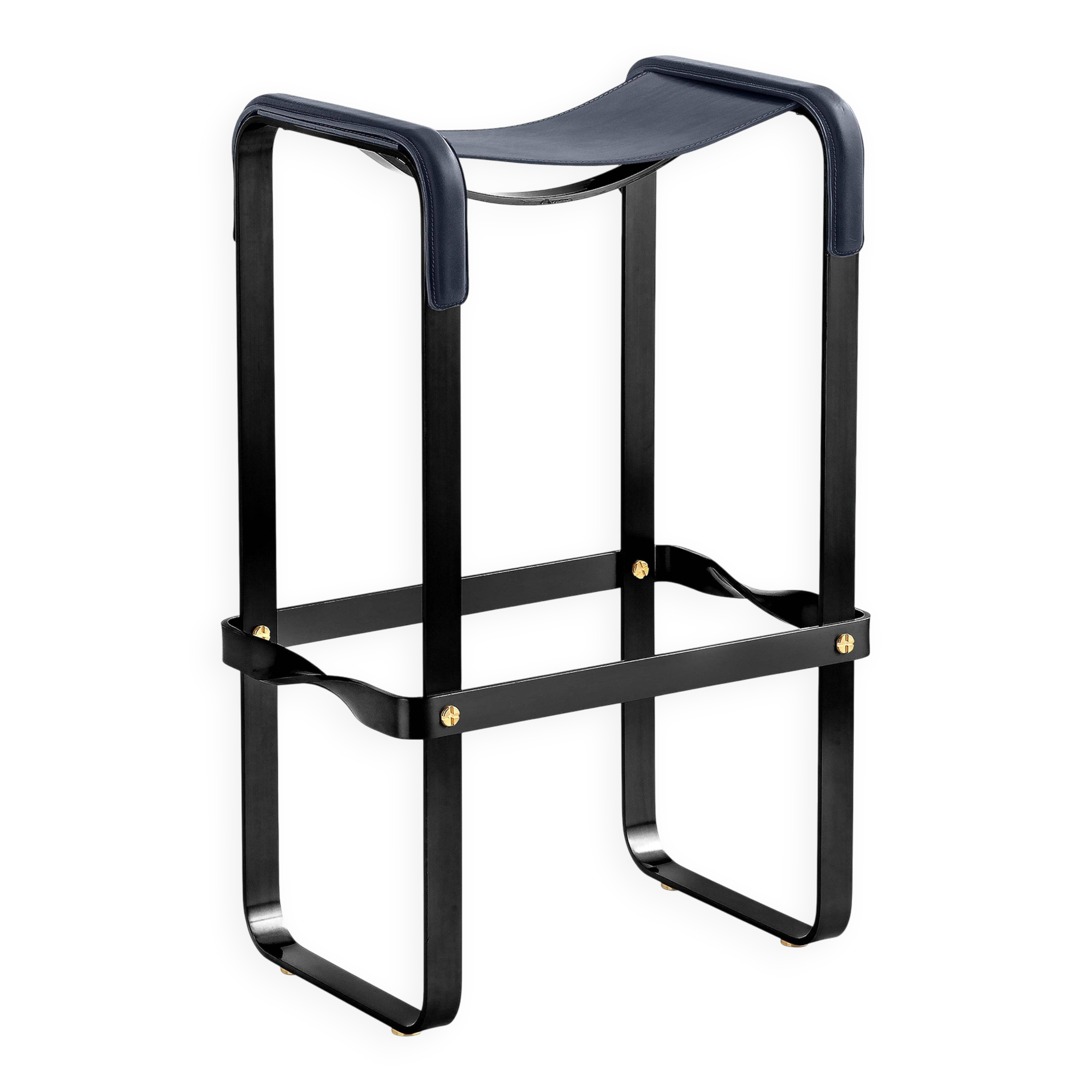 Contemporary classic bar stool in black smoked steel and navy blue leather.