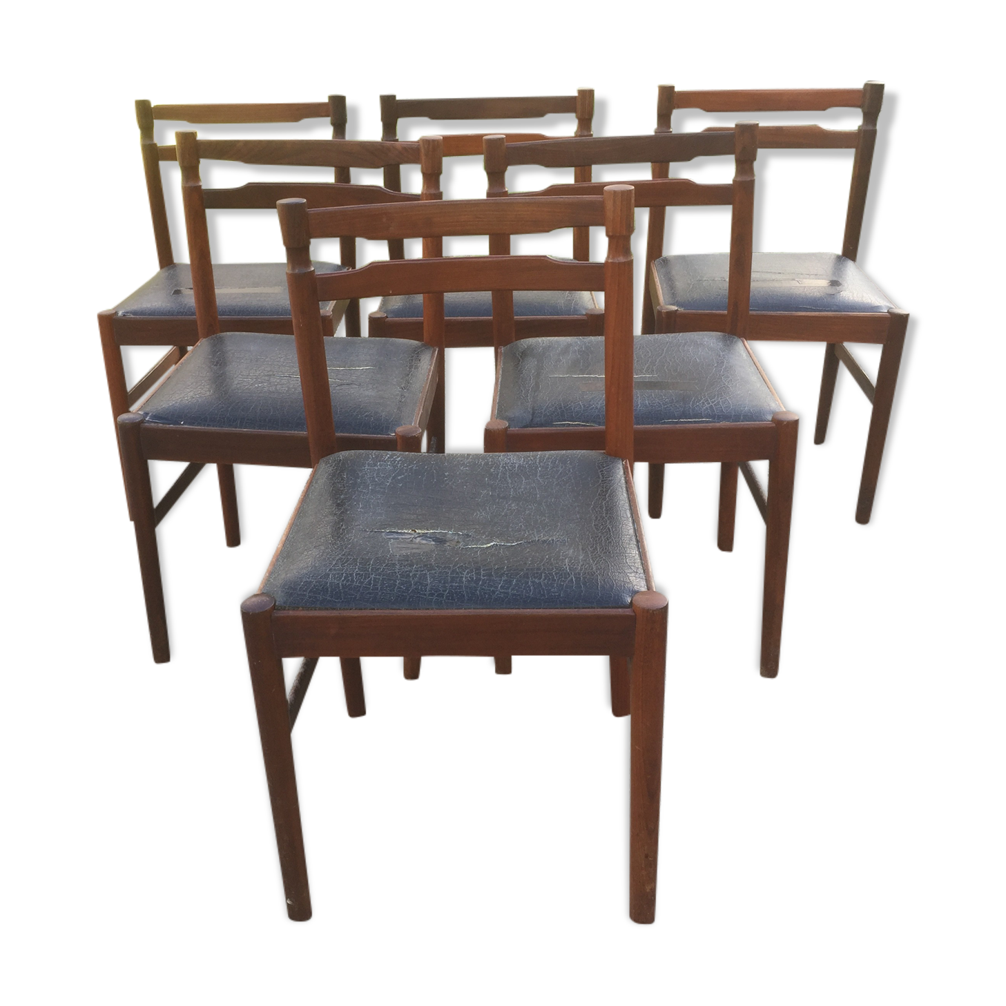 Vintage scandinavian teak chairs, black skaï seats as it is