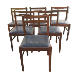 6 chaises vintage scandinave en teck , assises skaï noir en l’état