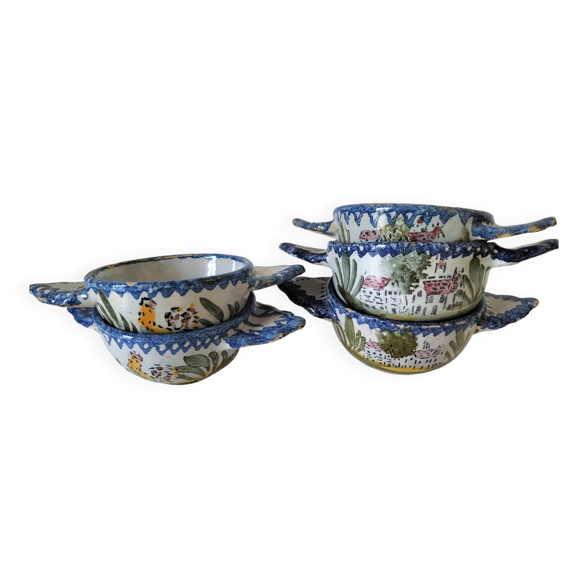 5 mini earthenware bowls from Charolles decorated with a village and rooster.