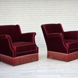 1960s, Danish armchair, cherry-red furniture velour, ash wood, original.