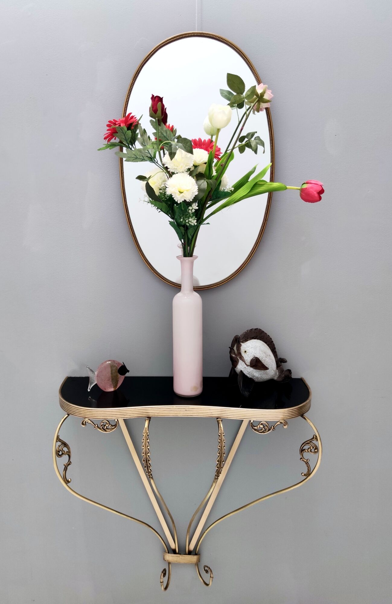 Vintage Wall Mounted Brass Console Table With Demilune Black Glass Top, Italy