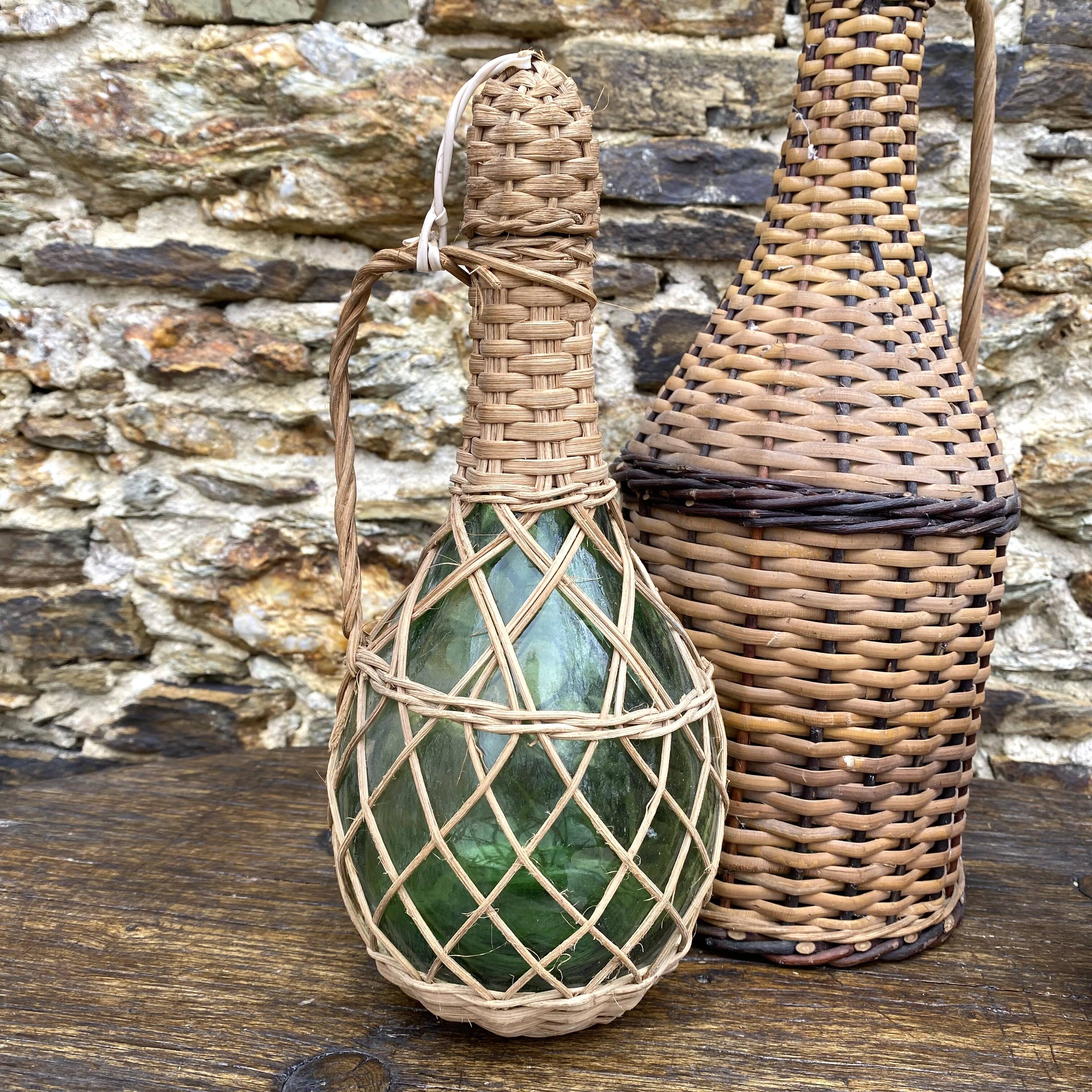 Glass bottles and rattan, woven wicker