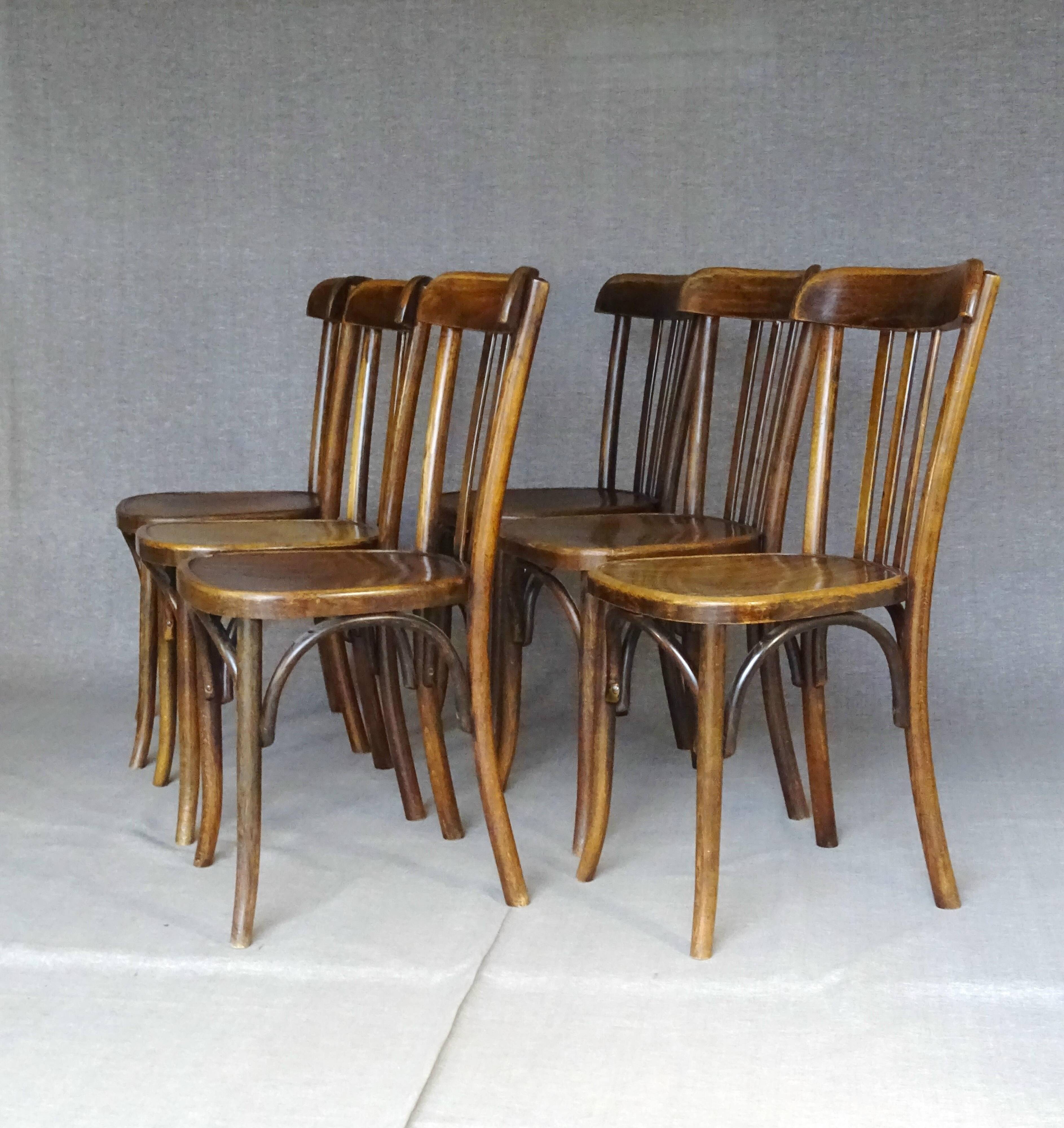 6 fischel n°409 bistro chairs, circa 1935, wooden seat, no thonet.