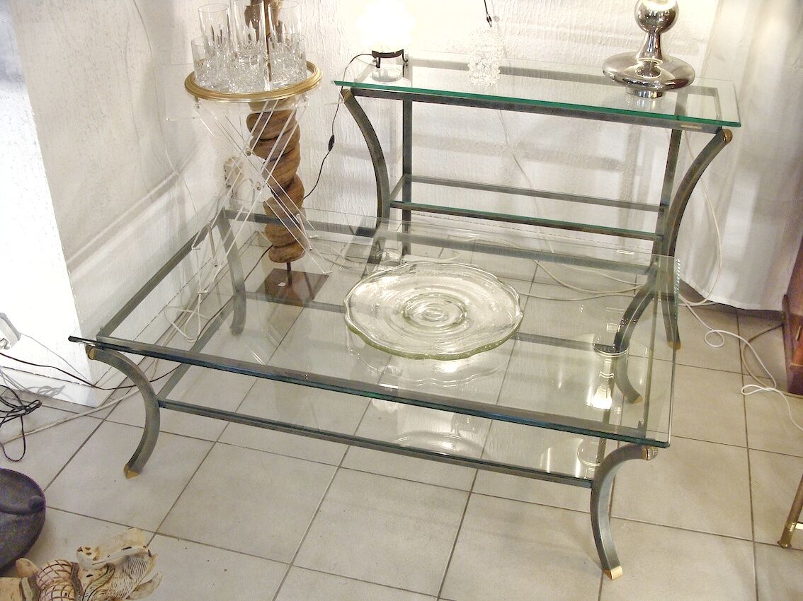 Vintage coffee table, metal and glass, Pierre Vandel