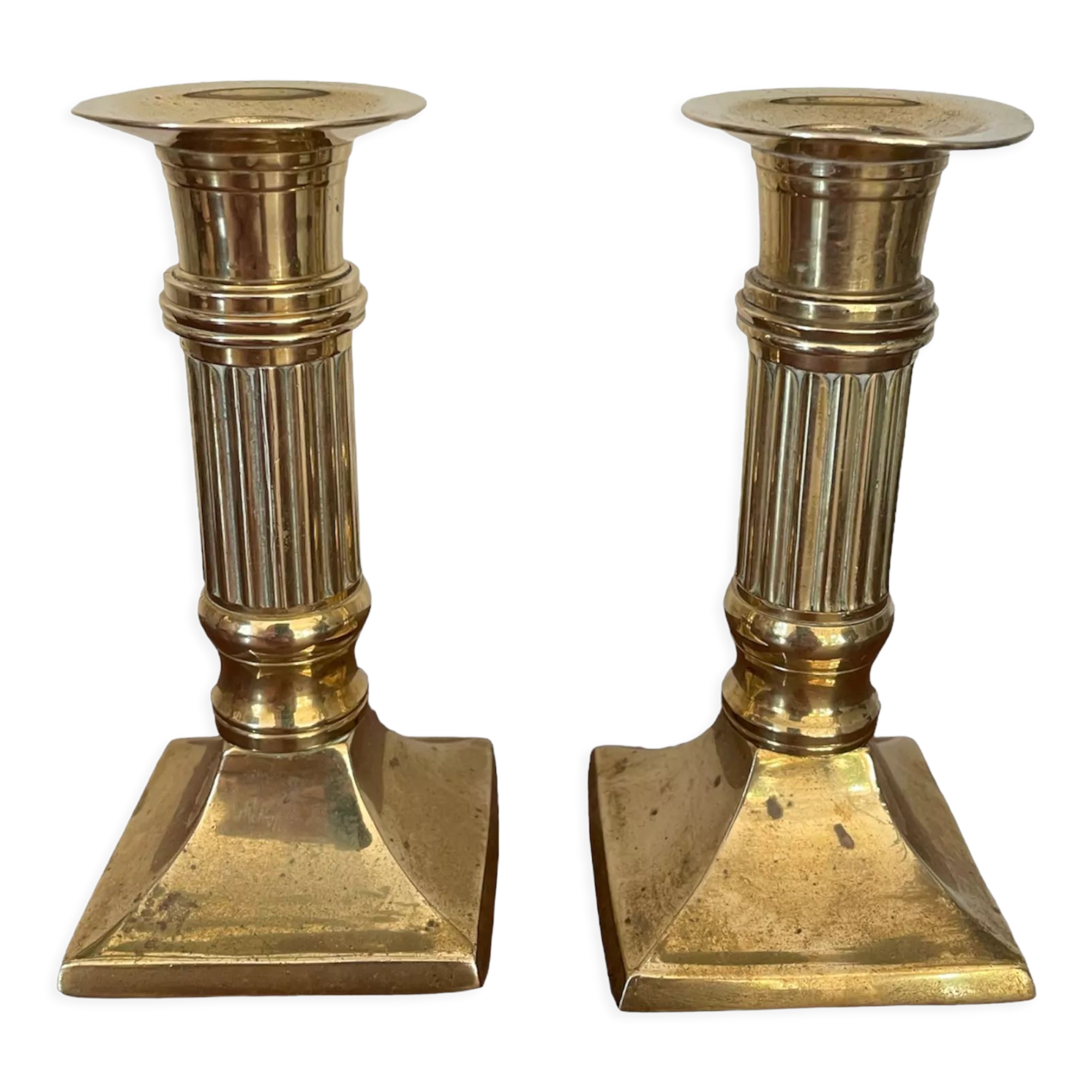 Pair of brass column candle holders