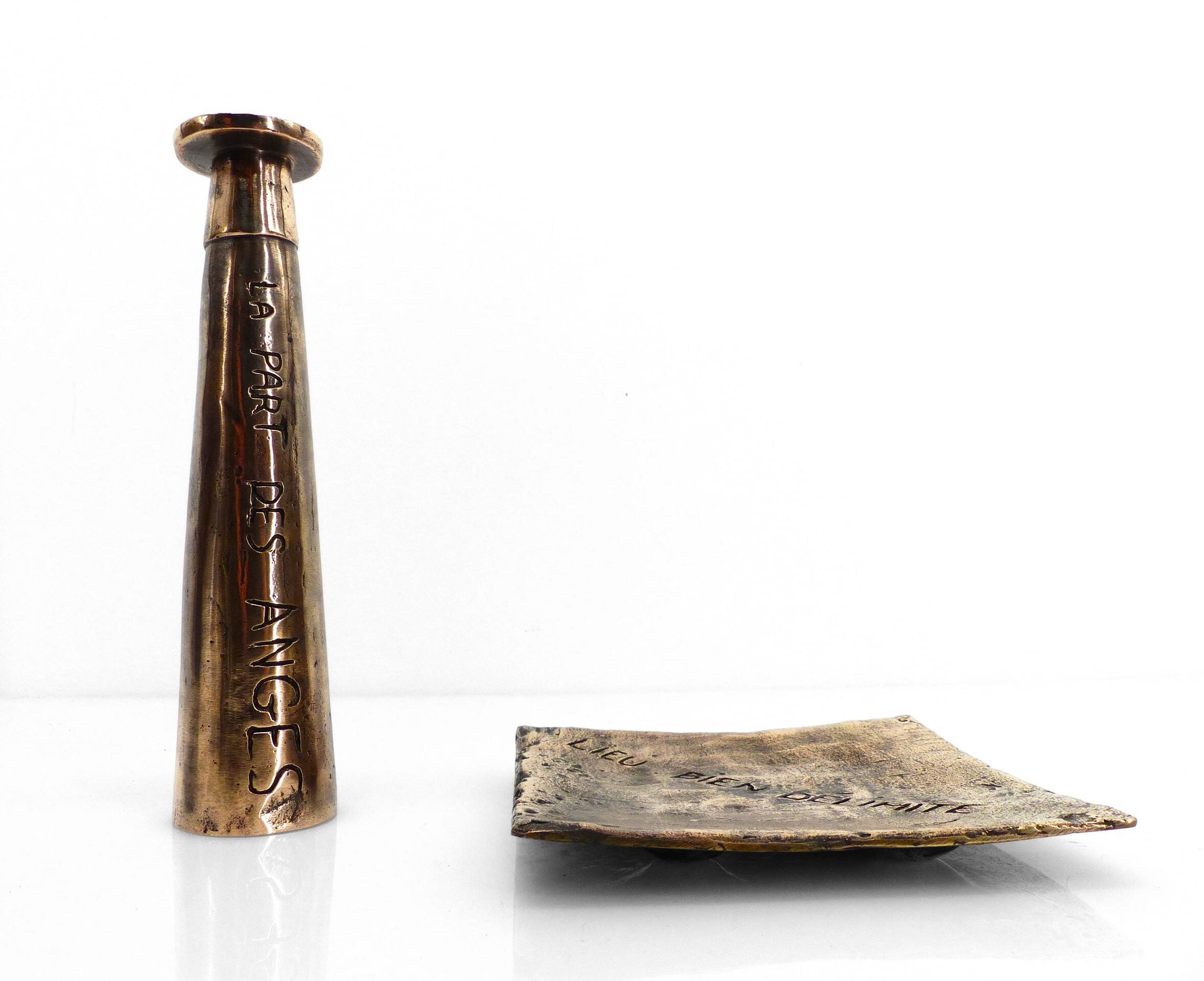 Brutalist bronze ashtray and candle holder set, France, circa 1980