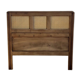 Vintage headboard in raw solid oak and canework