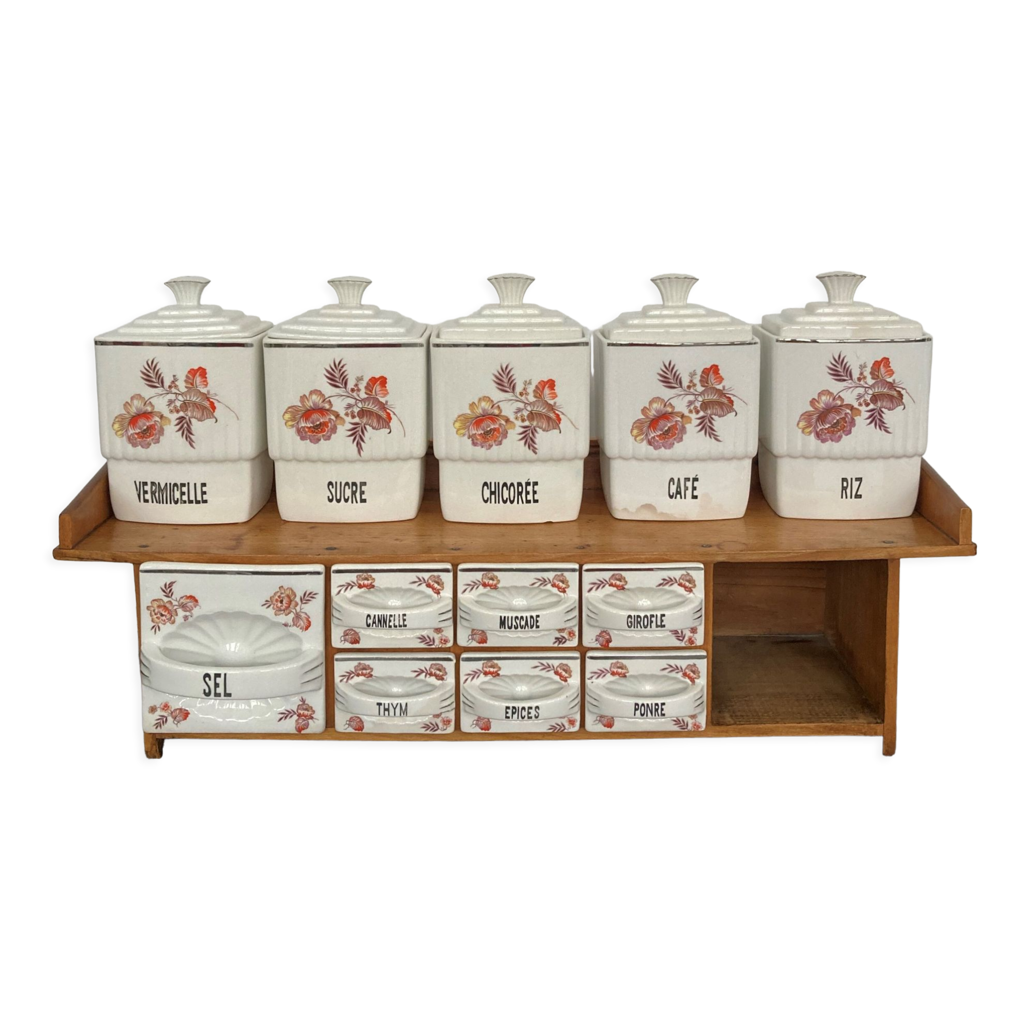 Set wood shelf and Art Deco spice jars
