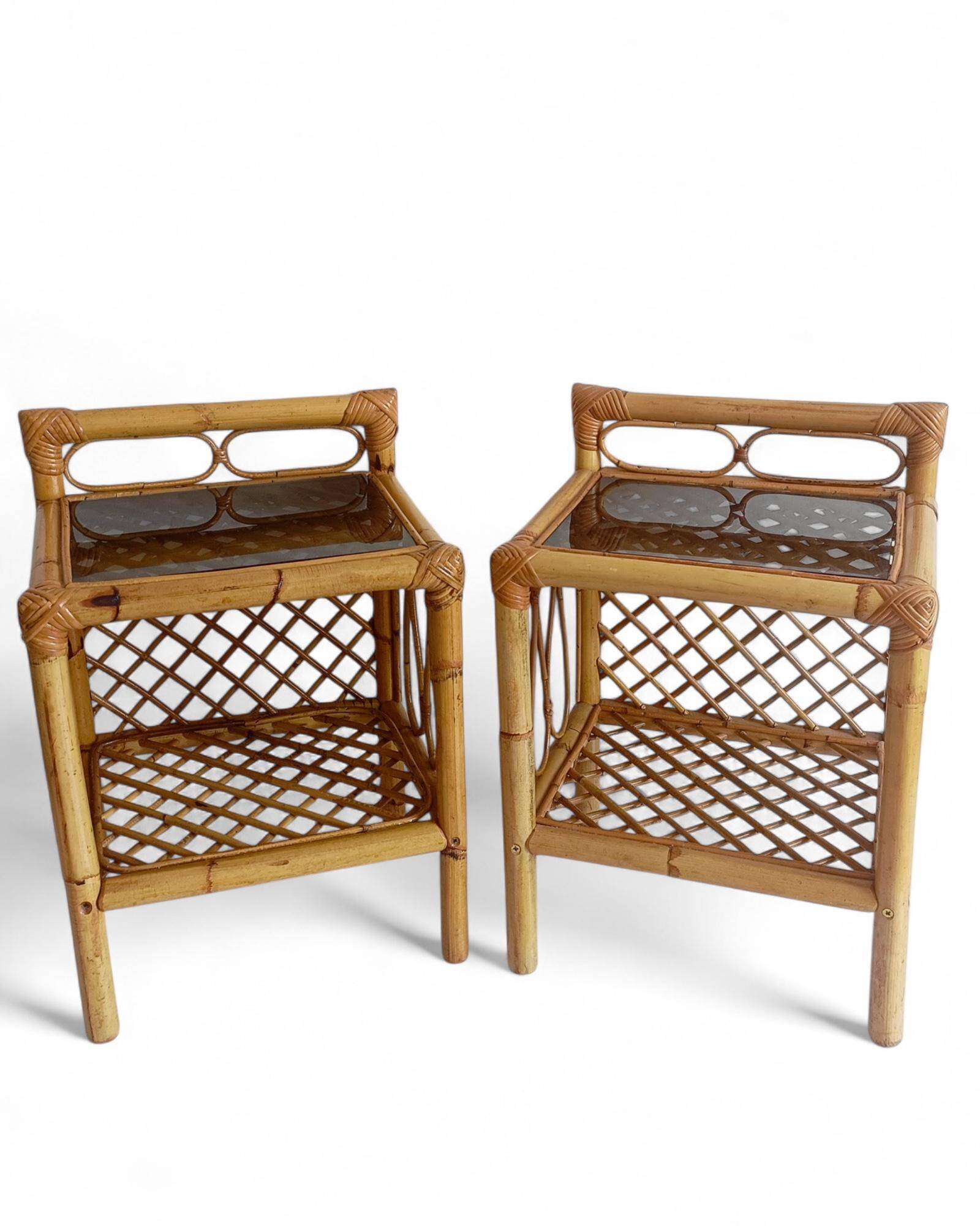 Mid-Century Bamboo and Rattan Nightstands, Spain, Hand-Crafted, 1970s