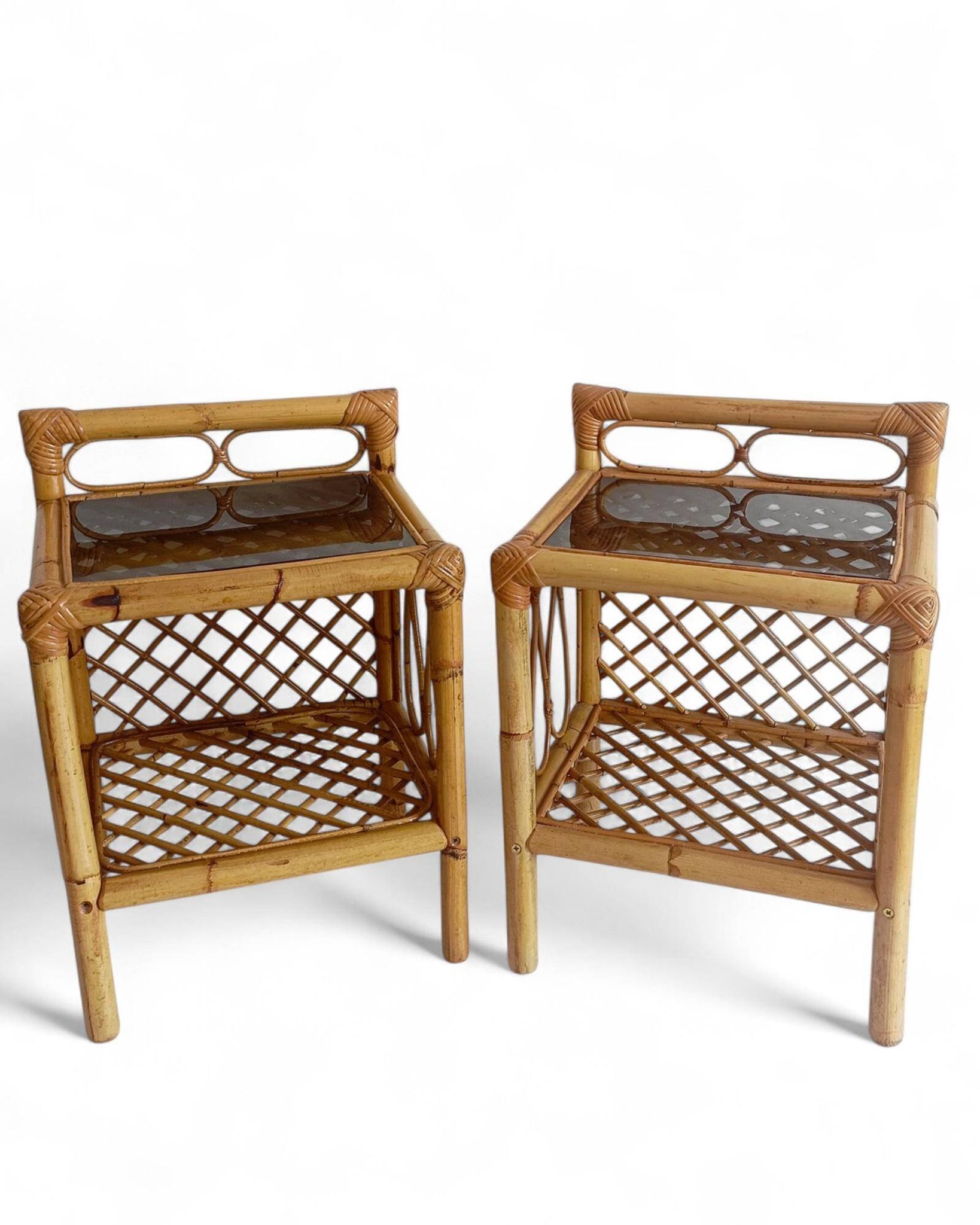 Mid-Century Bamboo and Rattan Nightstands, Spain, Hand-Crafted, 1970s