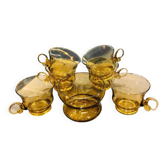 Ensemble tasses et sucrier verre soufflé ölogne
