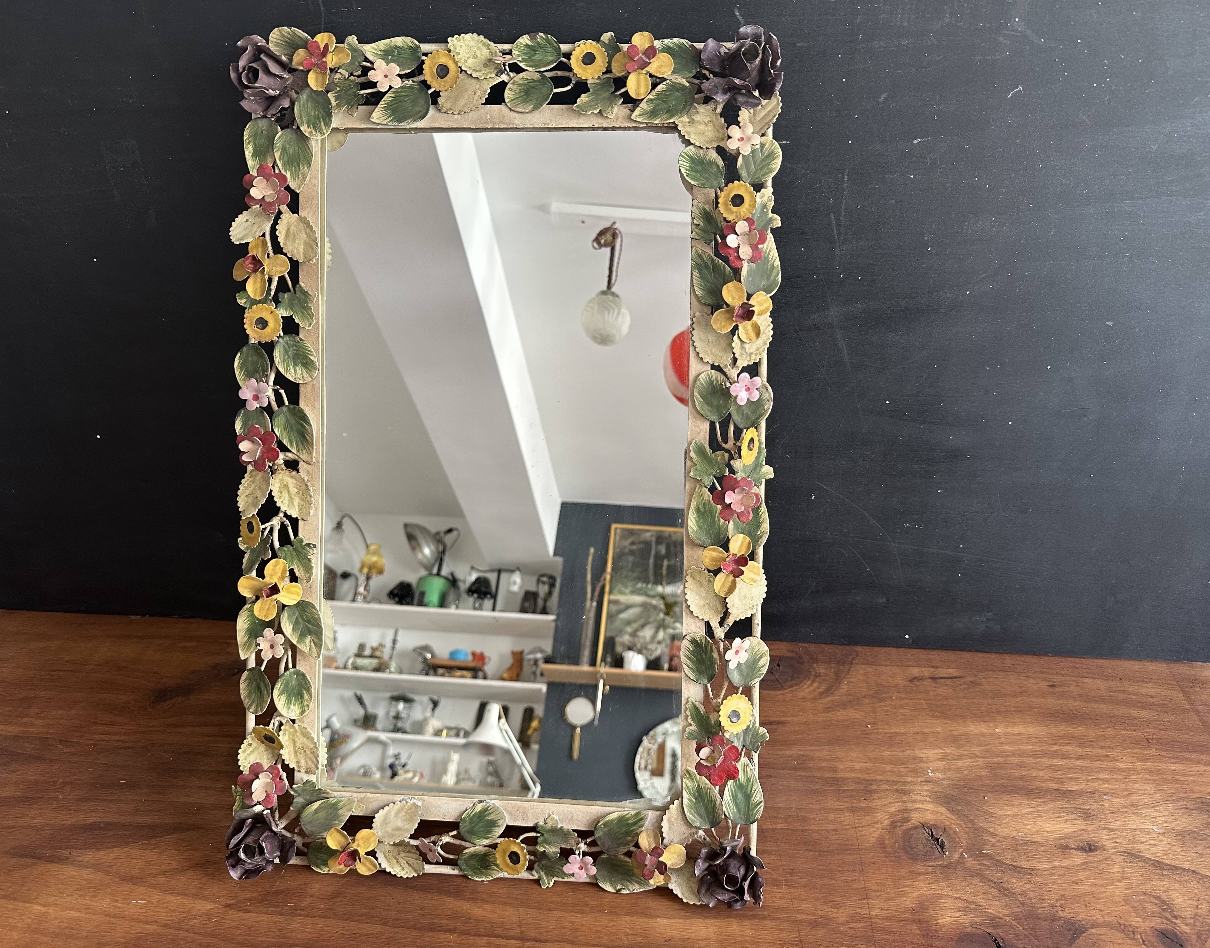 Italian wall mirror in polychrome floral metal, 1950s