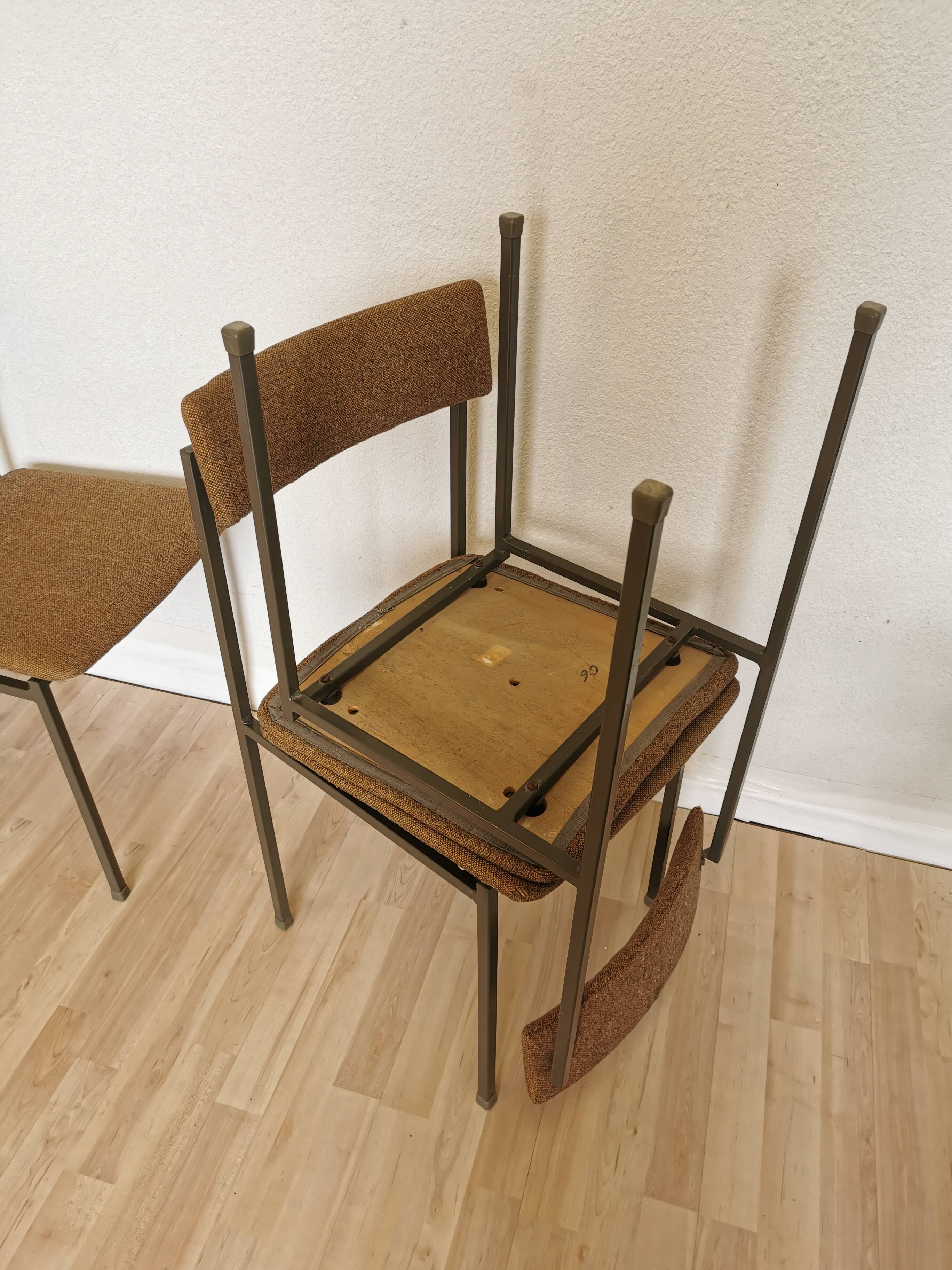 Set of 4 Vintage Industrial School Chairs: Brown Fabric, Black Metal Base