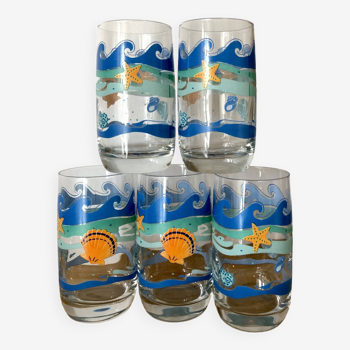 Vintage lot de 5 verres à eau sur le thème de la mer