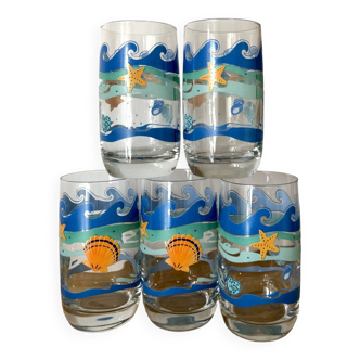 Vintage lot de 5 verres à eau sur le thème de la mer