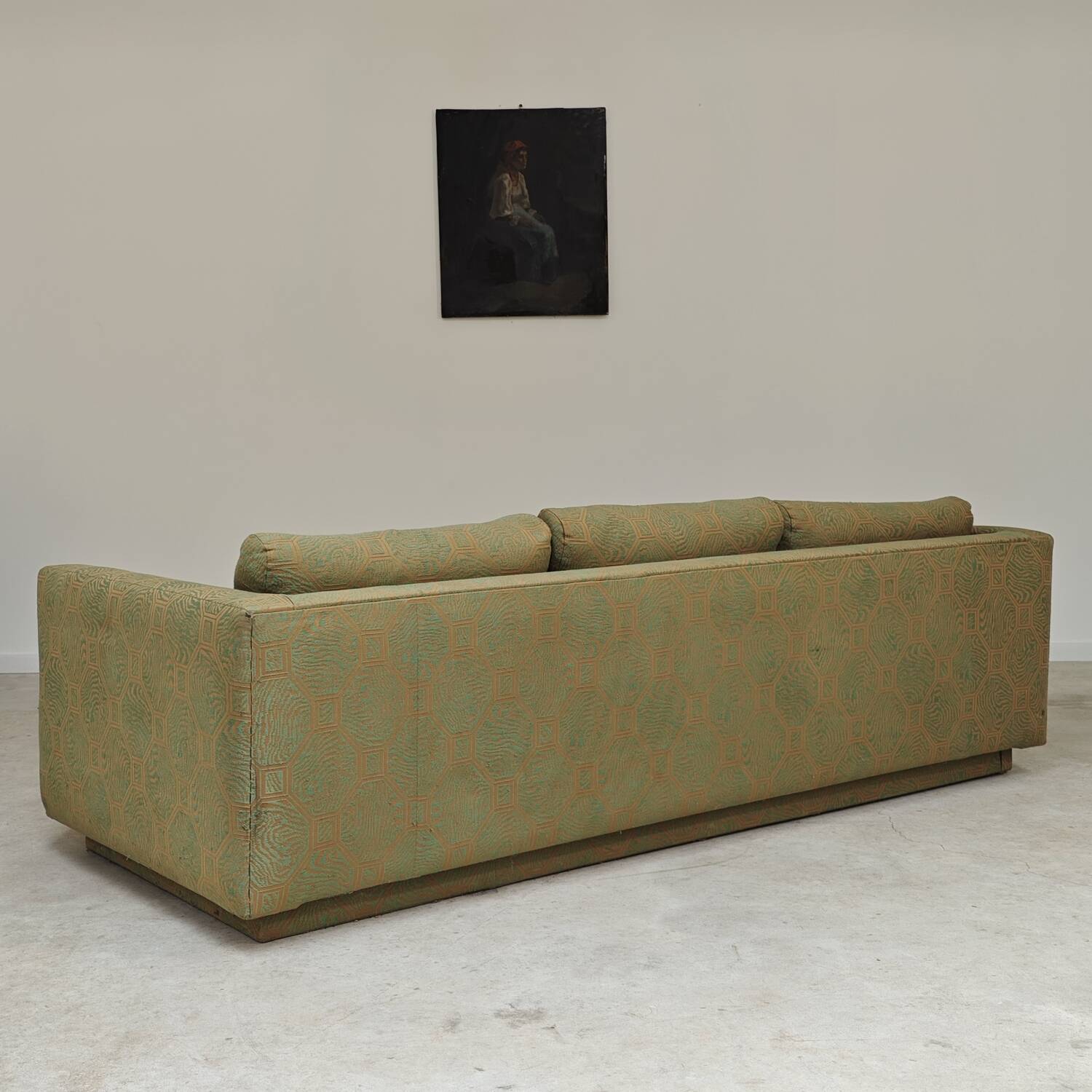 Pierre Frey modernist bench in green and gold patterned fabric
