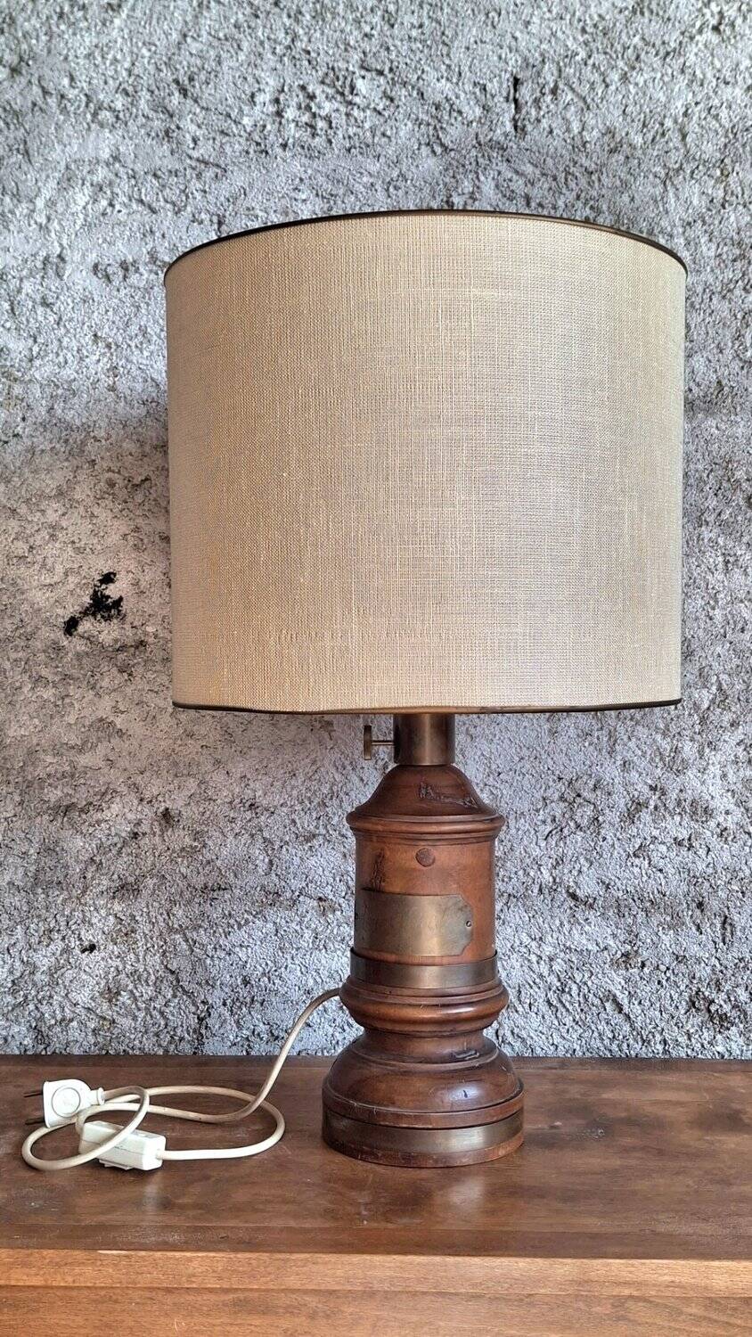 Antique turned wood lamp with engraved brass, Royal Adelaide.