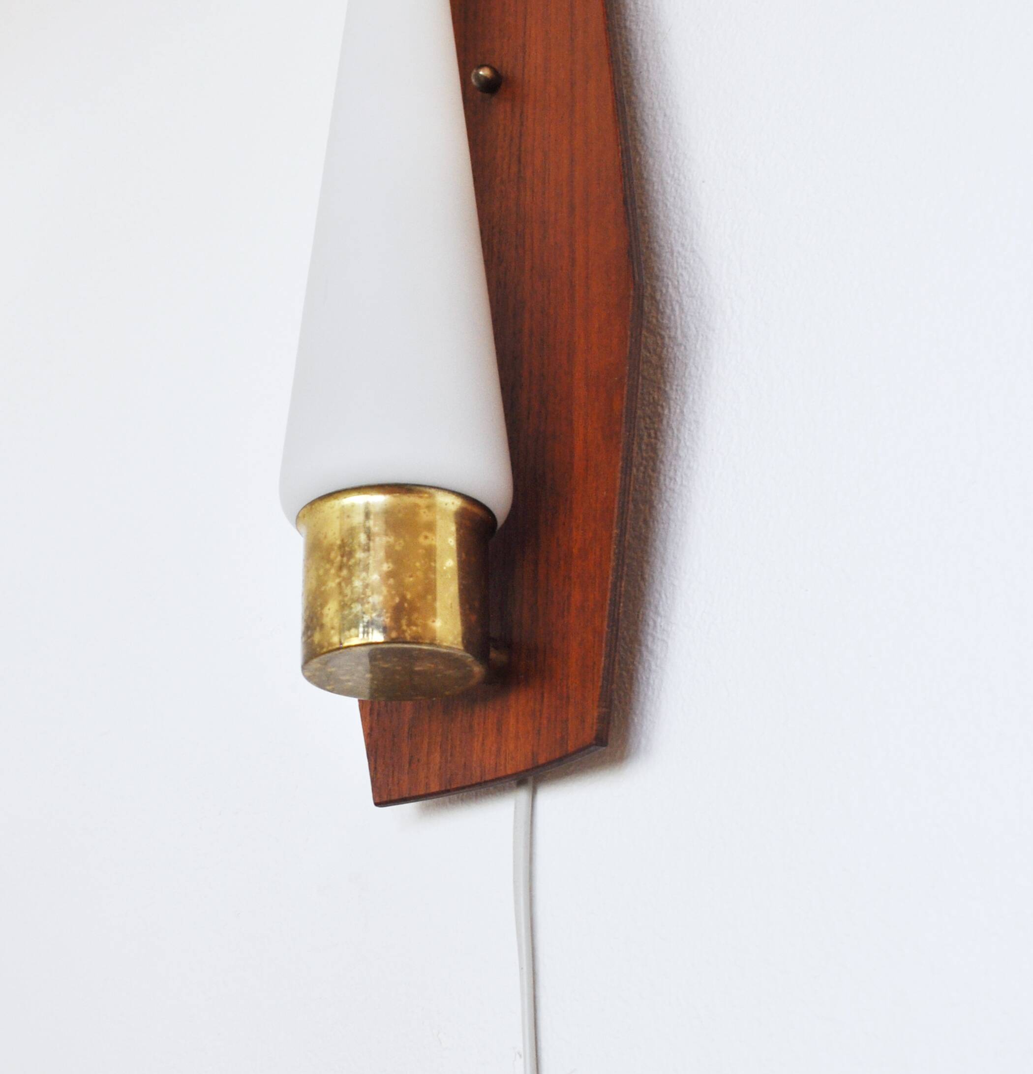 Scandinavian modern danish wall light in teak, brass and opaline glass, 1960s
