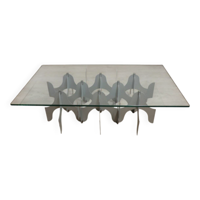 Table basse sculpturale minimaliste en métal et verre – 1970