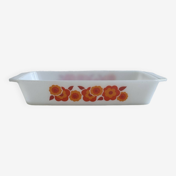 Rectangular opaline dish with orange flowers.