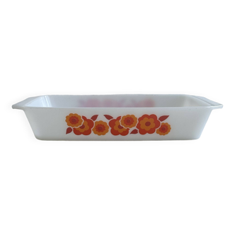 Rectangular opaline dish with orange flowers.